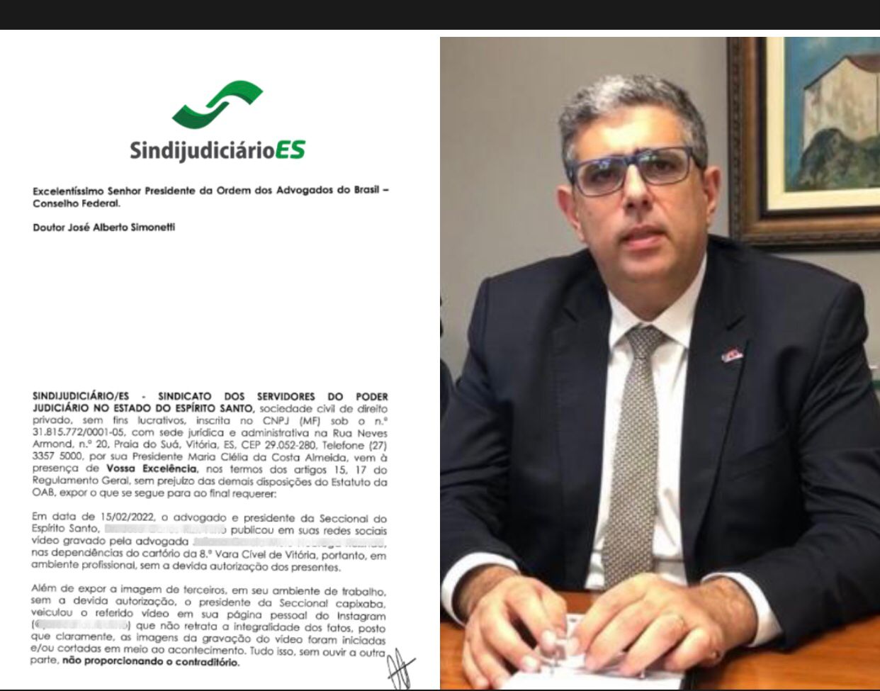 Ao tentar defender a servidora que impediu advogada de ver processo, sindicato ataca presidente da OAB-ES