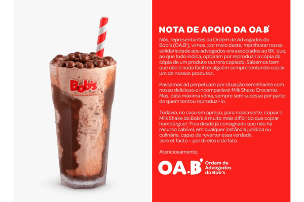 Bob’s é alvo de críticas da advocacia ao fazer graça com a ‘OA.B’ e não oferecer milk shake gratuito