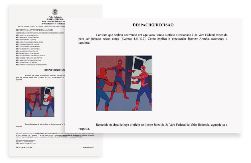 Juíza Federal usa meme do Homem-Aranha para explicar equívoco em ação de desapropriação; TRF recomenda cautela no visual law