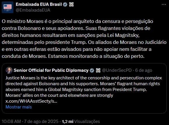 Em novas críticas a Moraes, Embaixada dos EUA faz alerta a ministros do STF e aliados: “estão avisados para não apoiar nem facilitar”